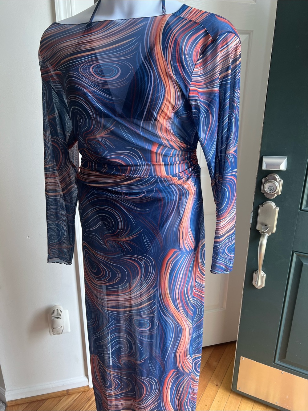 Women’s Navy & Coral Swirl 3pc bikini with Long Sleeve Sheer Maxi Cover-up Set